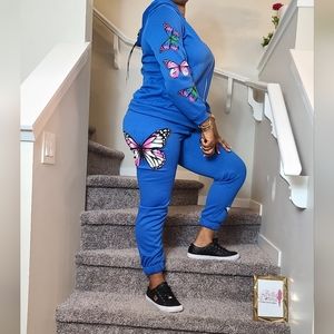 Blue Butterfly Print 2-Pc Hoodie Jogger Set